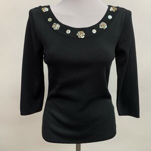 JAC Women's Knit Top Medium Black Buttons 3/4 Sleeves Round Neckline